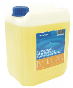 The image shows a square, yellow canister with a blue screw cap. On the front, there is a label in blue and orange with the imprint “Floor Cleaner R 1000”.