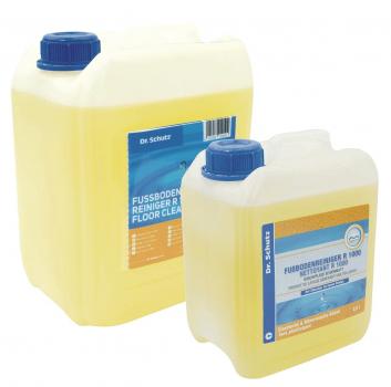 The image shows two yellow canisters with blue lids. The larger canister is rectangular, while the smaller one is also angular but more compact. Both contain cleaning agents for floors.