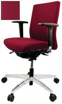 The office chair has a red upholstery with armrests and an adjustable backrest. It stands on a five-pronged stable base and has casters for mobility.