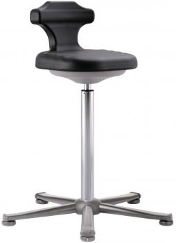 The image shows an adjustable stool. The seat and backrest are black and made of plastic, while the base is made of silver metal with five sturdy legs.