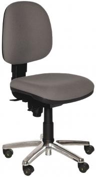 The office chair has a gray upholstery with a round seat and a slightly curved backrest. It stands on a five-spoke base with casters that provide mobility.