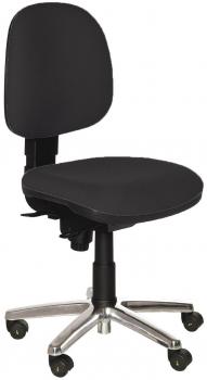 The office chair is black with a round seat and a taller, curved backrest. It has five wheels and an adjustable seat mechanism.