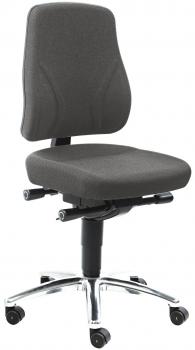 The office chair has a gray, padded seat and a high backrest. It stands on a chrome-plated base with five casters that allow for mobility.