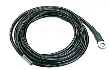 The image shows a long, black cable that is coiled in a spiral. At one end, there is a ring-shaped connector that serves as the connection point.