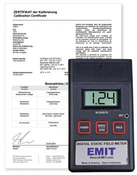 The image displays a calibration certificate on a white sheet and a digital measuring device. The device's display reads 1.24. The measuring device is labeled and has buttons.