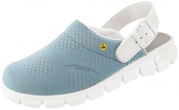 The shoe is a blue clog with a textured upper and a white strap at the back. The sole is thick and grippy, ideal for comfort and support.