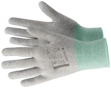 Das Bild zeigt ein Paar Arbeitshandschuhe. Sie sind grau, mit einem grünen Bündchen am Handgelenk. Die Oberfläche ist glatt und die Handschuhe wirken strapazierfähig.