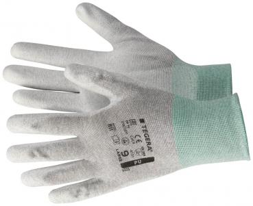 Das Bild zeigt ein Paar graue Arbeitshandschuhe mit elastischen, mintgrünen Bündchen. Die Handschuhe sind dünn und atmungsaktiv, geeignet für präzise Arbeiten.