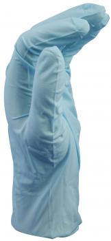 The image shows a blue disposable glove standing upright. The fingertips are curved, and the glove has a smooth, shiny surface.