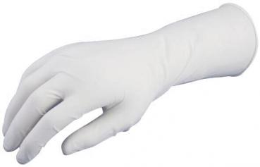 The image shows a white disposable glove lying on a flat surface. The glove is slightly rippled and has an anatomical shape, like a hand.