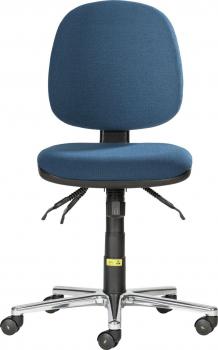 The office chair has a round, blue fabric cover. The seat is lightly padded and is mounted on an adjustable base with casters, allowing for mobile use.