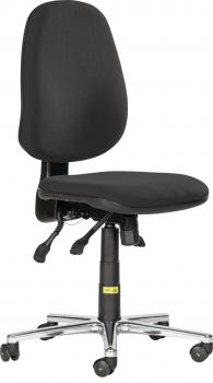 In the picture, there is a black office chair with an adjustable-height seat and a high backrest. It has five wheels and a chrome base.
