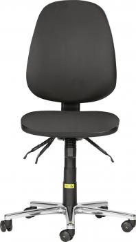Der Stuhl ist ergonomisch, mit einer hohen, runden Rückenlehne und einer breiten Sitzfläche. Er ist schwarz und hat fünf bewegliche Rollen sowie eine verstellbare Sitzhöhe.