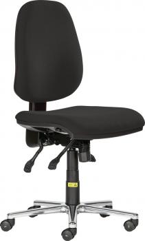 The chair is ergonomically designed, has black upholstery, and a high backrest. It is mounted on a sturdy base with casters, which allows for mobility.