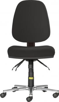 The office chair features a black padded seat and backrest. It is mounted on a sturdy, chrome-plated base with five casters that allow for mobility. Adjustable levers are visible.
