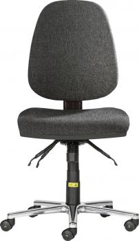 The chair is an office chair with a high, padded backrest made of gray fabric. It has a wide seat, adjustable height, and rolling metal feet.