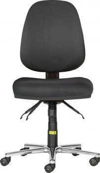 The image shows a black office chair with a high back and a padded seat. The chair has five wheels and a gas-powered height adjuster.