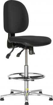 The image shows an adjustable office chair with a black upholstered seat and backrest. The chair has a round, shiny metal footrest and casters for mobility.