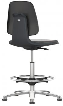 The image displays an adjustable office chair with a black, ergonomic backrest and seat. It features a stable base with a ring for footrest.