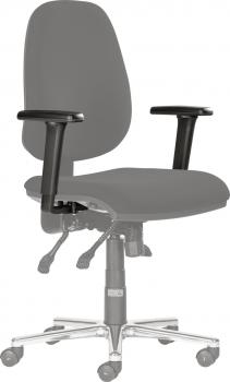 The image shows an ergonomic office chair with a wide, padded seat and a high backrest. The armrests are adjustable, and the chair has casters for mobility.