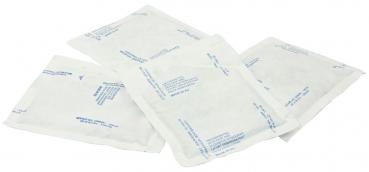 The image shows a beige packaging pouch with the inscription in blue font: 