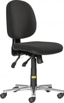 The chair is a black office chair with a padded seat and backrest. It has five casters and an adjustable height mechanism. The frame is made of metal.