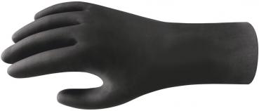 The image shows a black hand made of an elastic material. It is flat and has five fingers, which are relaxed and pointing forward. The entire surface is smooth and even.