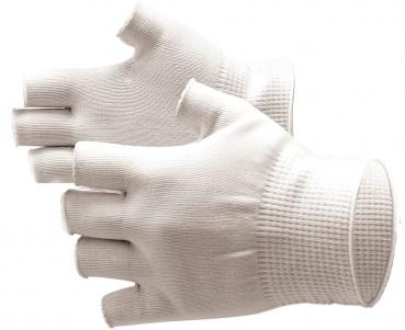The image shows a pair of fingerless, white gloves. They are made of a stretchable material and have a ribbed cuff at the wrist.