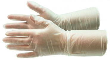 The image shows two medical gloves made of transparent latex, worn on hands. The gloves are form-fitting and have a smooth, slightly glossy look.