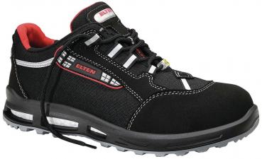 Der Schuh ist ein sportlicher Sicherheitsschuh. Er ist überwiegend schwarz mit roten und weißen Akzenten. Die Schnürsenkel sind schwarz, die Sohle ist rutschfest und robust.
