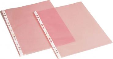 Das Bild zeigt zwei transparente, rosa Dokumentenhüllen. Sie sind rechteckig mit einem breiten Rand auf der linken Seite, der Löcher für einen Ordner hat.