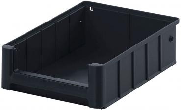 Das Bild zeigt eine schwarze aufrechte Kunststoffbox ohne Deckel. Sie hat eine rechteckige Form, glatte Seiten und ist innen hohl. Ideal zur Aufbewahrung von Gegenständen.