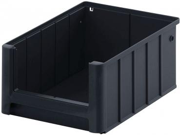The image shows a black, rectangular plastic container. It has tall, straight sides and is without a lid. The corners are rounded, and the surface is smooth.
