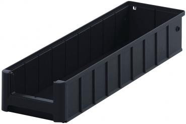 It is a long, narrow, rectangular box made of black plastic. The sides are ribbed and there is an opening on one short side. Ideal for storage.