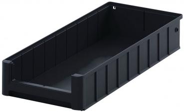 Das Bild zeigt eine schwarze, rechteckige Aufbewahrungsbox. Sie hat hohe, gerade Wände und eine offene Oberseite. Die Textur ist glatt mit vertikalen Streifen an den Seiten.