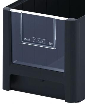 The image shows a black plastic container with a transparent viewing window on the front. It has a rectangular shape and a sturdy base.