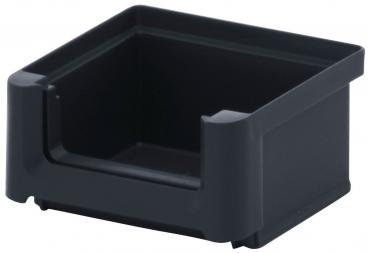 Es handelt sich um eine schwarze, rechteckige Kunststoffbox ohne Deckel. Sie hat abgerundete Ecken und eine offene Oberseite, mit niedrigen Wänden und einer stabilen Basis.