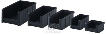 It is a black, rectangular plastic box without a lid. It has rounded corners and an open top, with low walls and a sturdy base.