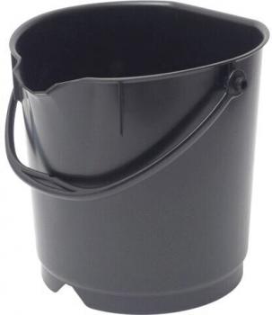 The bucket is made of black plastic, has a square base shape, and a straight wall. It has a handle on the side and a slightly beveled opening at the top edge.