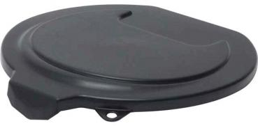 The image shows a round, black lid with a smooth surface and a side recess. It has a small handle or loop on the side.
