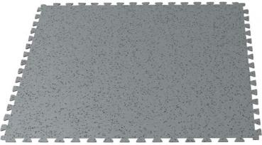 The image shows a square, gray mat with a textured surface and jagged edges, which are designed for easy connection with other mats. It is durable and versatile.