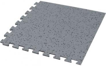 The image shows a square, gray floor tile with small black speckles. The edges are dimpled to facilitate easy installation.