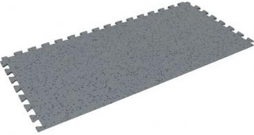 The image shows a large, gray mat with a textured surface. It has interlocking edges that allow the assembly of multiple mats. It appears sturdy.