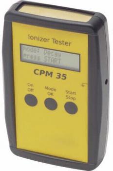 The image shows a portable measuring device, primarily yellow with black elements. It features a display and five buttons used for On/Off, Mode, Start, and Stop.