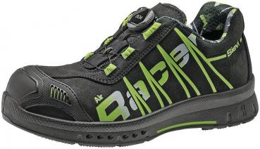 A sporty, black hiking shoe with greenish accents. It features a sturdy sole and a quick lacing system that can be adjusted with a twist lock.