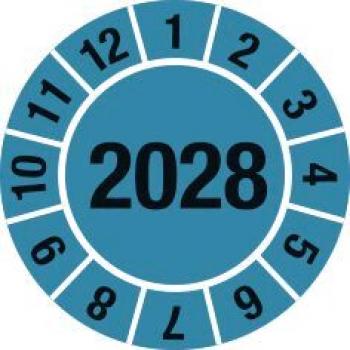 Das Bild zeigt eine runde Skala mit den Zahlen 1 bis 12 und der Jahreszahl "2028" in der Mitte. Der Hintergrund ist blau, die Zahlen sind schwarz.