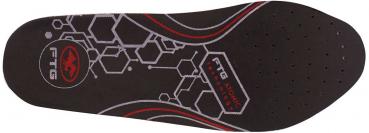 The image shows a black shoe sole with a thick, padded structure. Hexagonal patterns and a red line are visible on the sole. A logo is located at the top left.