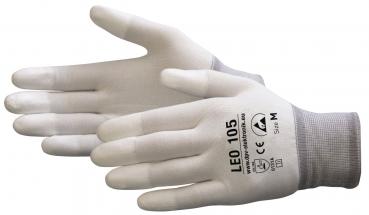 The image shows a pair of gloves. They are predominantly white with gray cuffs. The gloves feature small prints with numbers and symbols.