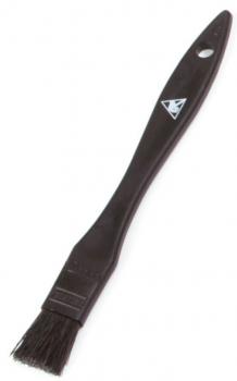 The image shows a slim, black brush. The handle is long and flat, with a cutout for hanging. The bristles are short and dense, ideal for painting or cleaning.