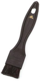 It is a brush with a long, curved handle. The bristles are short and dense, the handle is black with a small hole at the end for hanging.